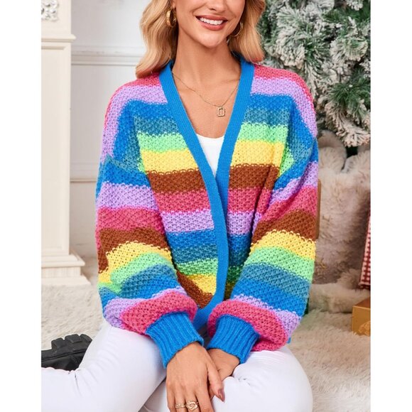 Women's Rainbow Striped Knit Cardigan V Neck Open Front Fall Sweater - Picture 6 of 7